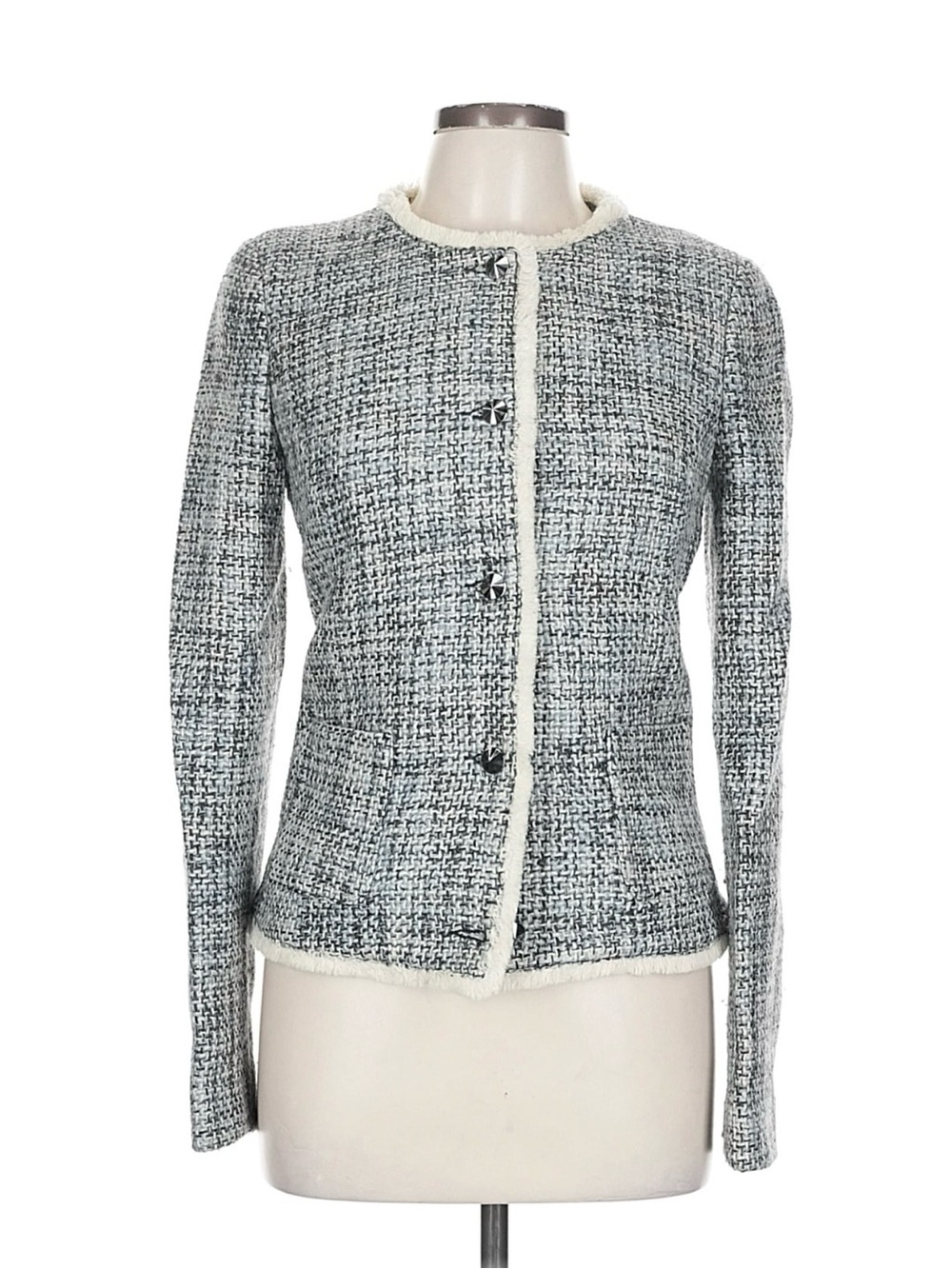 Armani Jeans Grey and White Tweed Fringe-Trim Blazer